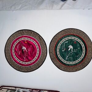 Vintage‎ Dun Huang Beijing Silk Embroidery Crane Rounds Set of 2 Green Magenta
